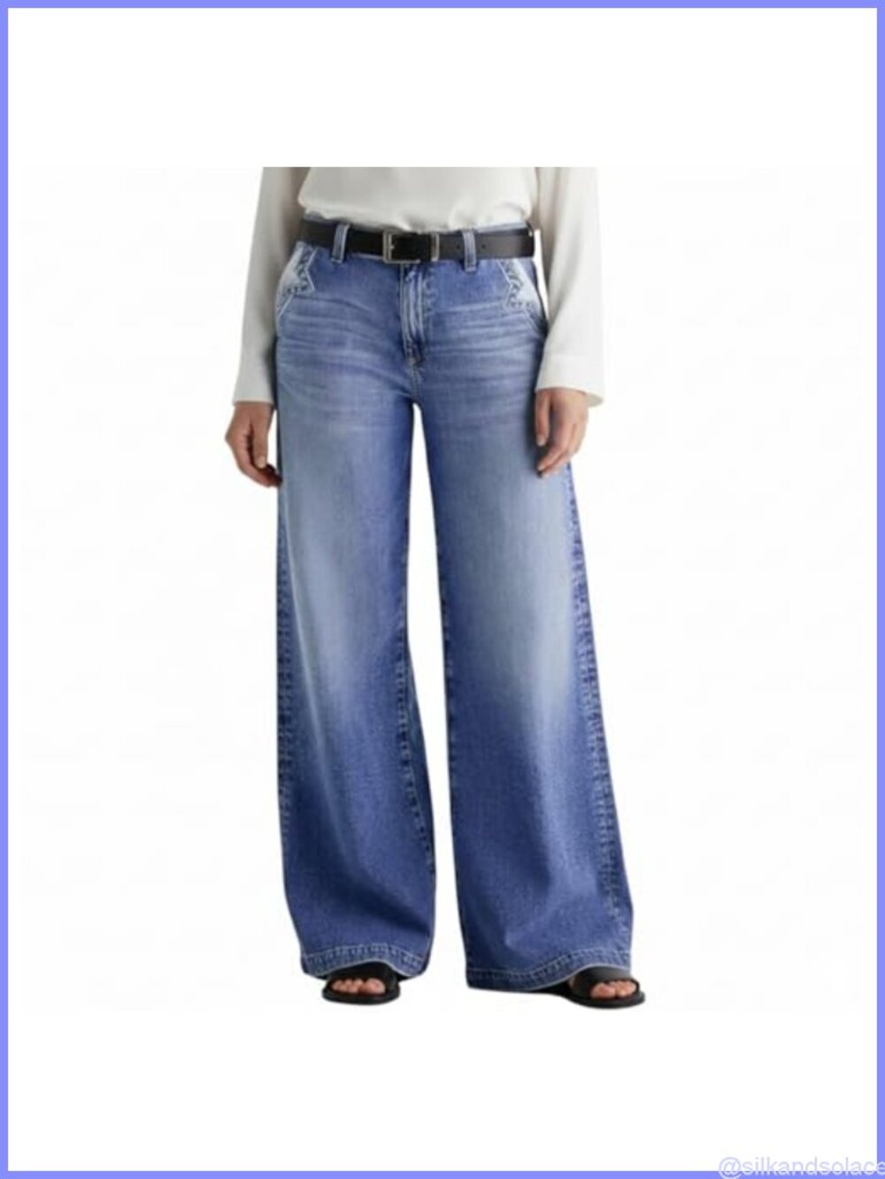 Wide Leg Mid Rise Baggy Stretch Jeans Cotton Blend Women